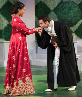 The King of Navarre, played by Jonathan Raviv, falls in love with the Princess of France, played by Jesmille Darbouze, in "Love's Labour's Lost."