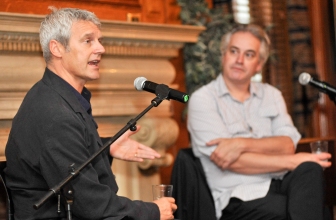 Director Neil Burger, left, and singer-songwriter/novelist Wesley Stace discuss filmmaking at Fairleigh Dickinson University's Madison campus on Wednesday.