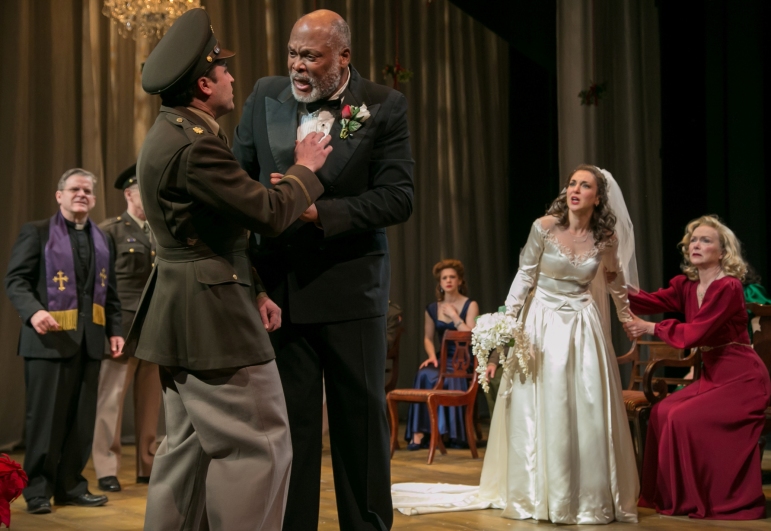 Leonato (right, Raphael Nash Thompson) confronts his son-in-law-to-be Claudio (left, Charles Pasternak) after the wedding ceremony turns tragic, in "Much Ado About Nothing."